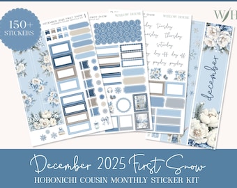 December 2025 First Snow Hobonichi Cousin Monthly Sticker Kit – Functional & Decorative Stickers – Blue Winter Theme