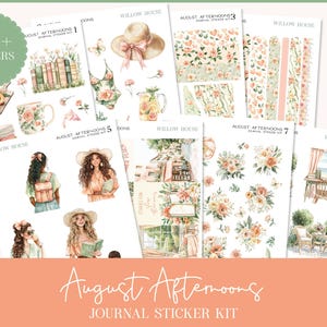 May include: A collection of journal sticker kits with watercolor illustrations. The kits feature images of books, peaches, women, hats, and floral patterns. The text "August Afternoons Journal Sticker Kit" is displayed on a peach-colored background. The image also includes the text "100+ Stickers".
