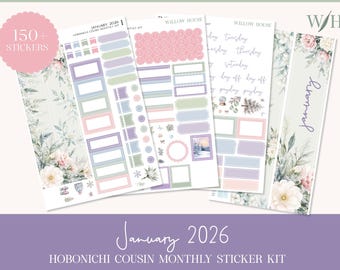 January 2026 Hobonichi Cousin Monthly Sticker Kit – Functional & Decorative Stickers – Pastel Winter Theme
