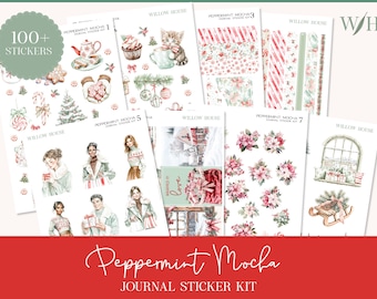 May include: A collection of journal sticker kits with watercolor illustrations. The kits feature various designs, including holiday themes, people, and decorative elements. The text on the image reads "Peppermint Mocha Journal Sticker Kit" and "100+ Stickers".