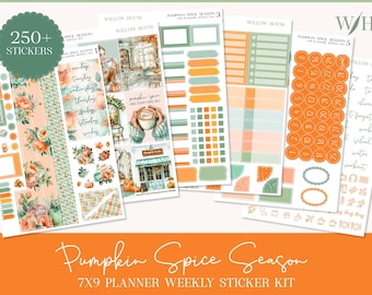 May include: A collection of planner stickers with a fall theme. The stickers feature floral designs, weekly layouts, and decorative elements in shades of orange, green, and peach. The text "Pumpkin Spice Season" is visible.
