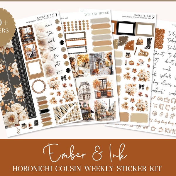 Ember and Ink Hobonichi Cousin Weekly Sticker Kit – Functional & Decorative Stickers – Sophisticated Autumn City Theme