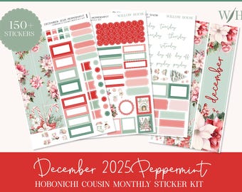 December 2025 Peppermint Hobonichi Cousin Monthly Sticker Kit – Functional & Decorative Stickers – Festive Winter Theme