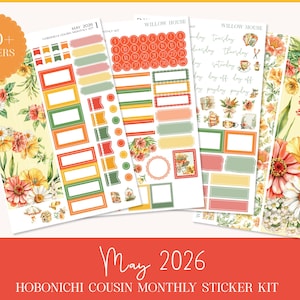 May include: A collection of planner stickers with floral designs and the text "May 2026." The stickers include various shapes, labels, and calendar elements. The color palette features yellow, orange, green, and pink hues. The set includes over 150 stickers.