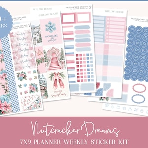 May include: A planner sticker kit with a winter theme. The kit includes stickers with floral patterns, snowflakes, and ballet shoes. The color palette is soft, featuring pink, blue, and white. The text "Nutcracker Dreams" and "250+ Stickers" are visible.