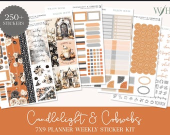 May include: A planner sticker kit with a Halloween theme. The kit includes various stickers with illustrations of pumpkins, skulls, and floral designs. The color palette features orange, black, and white. The text "Candlelight & Cobwebs" and "7x9 Planner Weekly Sticker Kit" are visible.