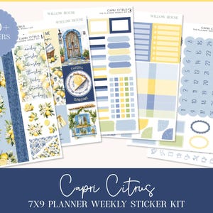 May include: A Capri Citrus 7x9 planner weekly sticker kit with over 250 stickers. The stickers feature a lemon theme with blue, yellow, and white colors. Includes stickers for daily, weekly, and monthly planning.