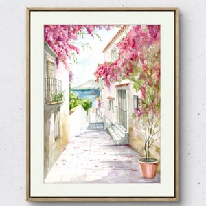 Acquerello paesaggio Marino con bouganville, Marine Watercolor