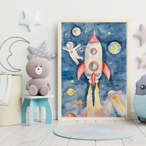Acquerello razzo spaziale con astronauta e pianeti, space rocket watercolor print with astronauta and planets, nursery space art