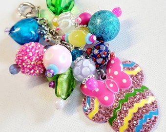 Easter Minnie Mouse lampwork beaded purse charm, tote bag charm, Easter purse charm, key chain, cell phone charm, car mirror charm