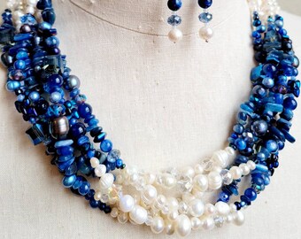 African Kyanite Swarovski Crystal Baroque freshwater pearl multistrand statement beaded necklace and earring set, kyanite cluster necklace