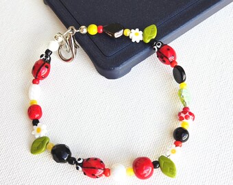 Lampwork Ladybug Beaded Phone Wristlet Strap, Glass Beads, Lobster Clasp Keychain