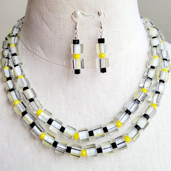 Yellow and black furnace glass multistrand statement beaded necklace and earring set, geometric bee beaded necklace, furnace glass necklace