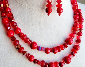Red Crystal Glass Beaded Necklace & Earring Set: Multistrand Statement Jewelry