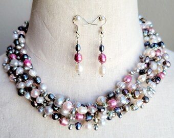 Baroque Freshwater Pearl Necklace & Earring Set: Multi Strand Statement Jewelry