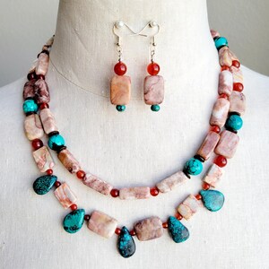 Turquoise and redline marble stone multistrand beaded necklace and earrings set, orange carnelian bib necklace, turquoise drop necklace