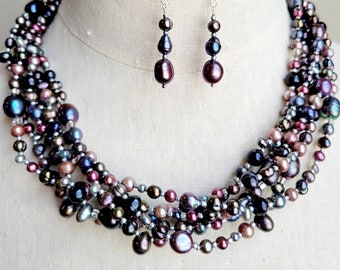 Peacock grey and maroon baroque freshwater pearl multistrand statement beaded necklace and earring set, peacock pearl cluster necklace