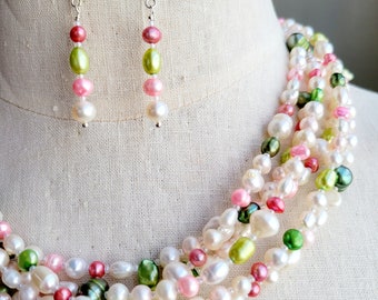 Pink and green baroque freshwater pearl multi strand statement beaded necklace and earring set, freshwater pearl cluster necklace