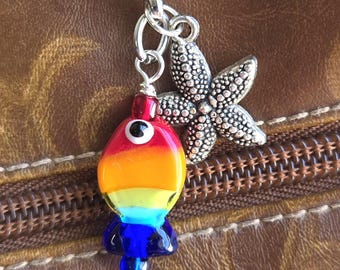 Rainbow Fish Lampwork Glass Purse Charm, Starfish Keychain