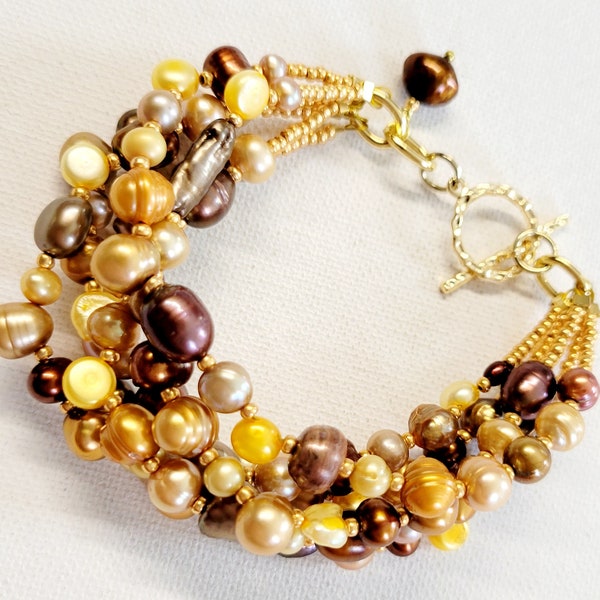 Gold and brown freshwater pearl multi strand statement beaded bracelet, freshwater pearl cluster bracelet, wedding pearl bracelet