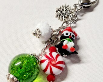 Christmas Penguin Purse Charm: Lampwork Glass Bead Bag Jewelry