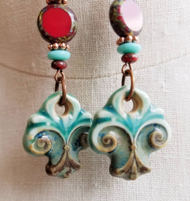 ceramic Turquoise and red glass and ceramic fleur de lis drop copper earrings boho earrings southwestern earrings bohemian earrings
