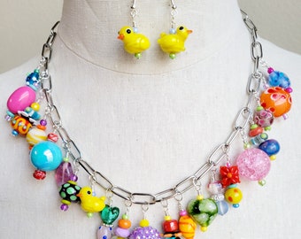 Cha Cha chunky Easter charm necklace and earrings set, Easter charm necklace, Spring charm necklace, duck charms, flower charm necklace