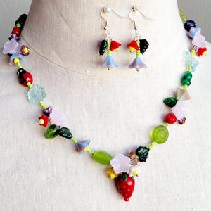 Strawberry Lime Beaded Necklace and Earrings Set: Czech Glass Floral Vine