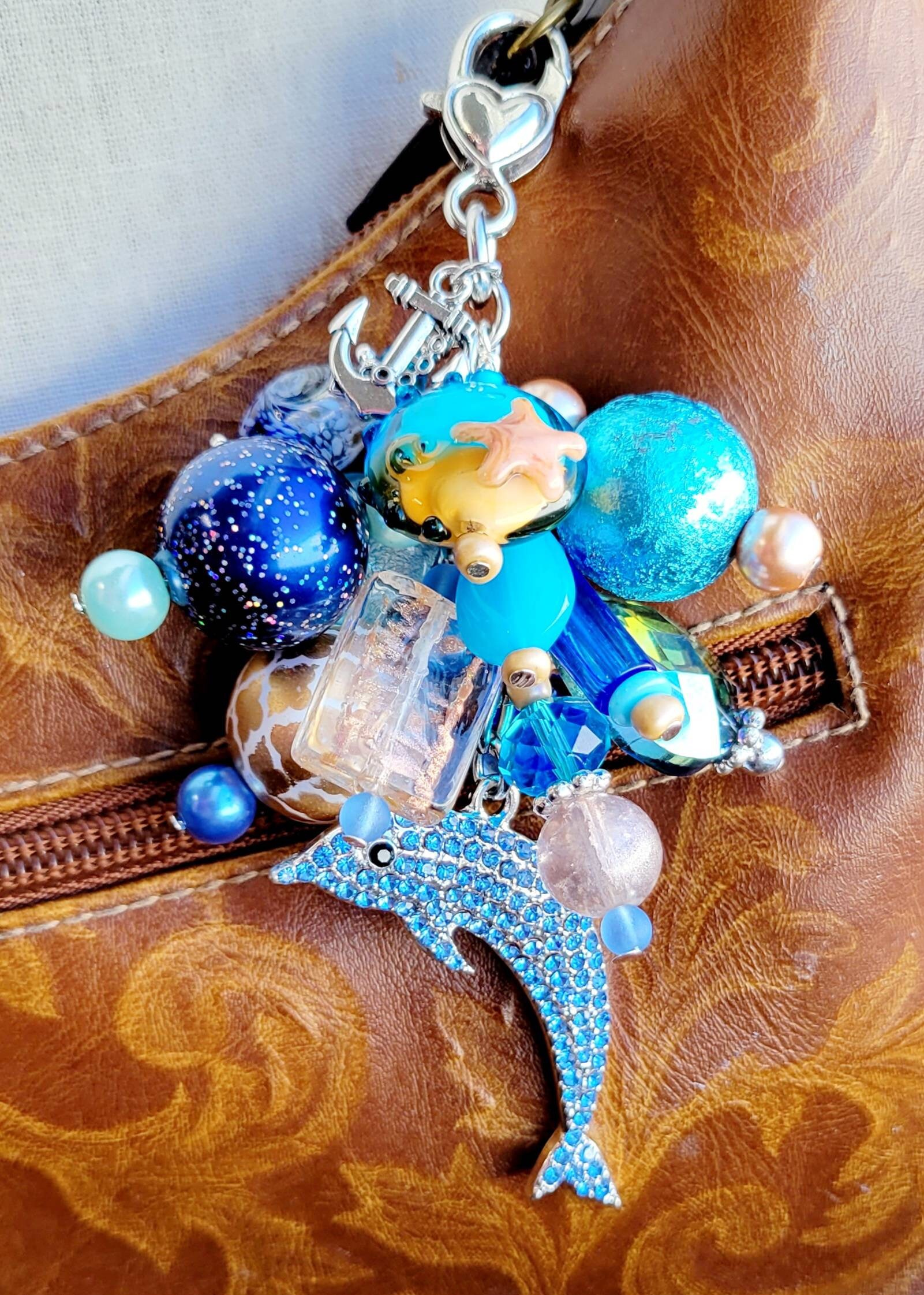 Dolphin Beaded Purse Charm: Lampwork Glass, Crystal, and Pearl