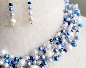 Blue and white baroque freshwater pearl multistrand statement beaded necklace and earring set, peacock pearl necklace, cluster necklace