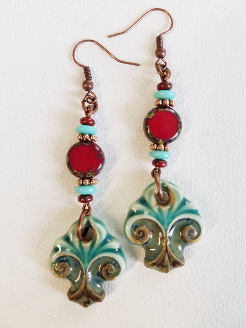 ceramic Turquoise and red glass and ceramic fleur de lis drop copper earrings boho earrings southwestern earrings bohemian earrings