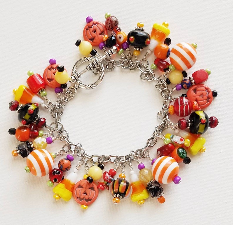 Halloween lamp work beads fall charm bracelet Cha Cha pumpkin Halloween beaded charm bracelet chunky pumpkin charm bracelet