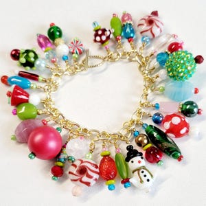 Festive Christmas Charm Bracelet: Peppermint, Snowman, Lampwork Glass