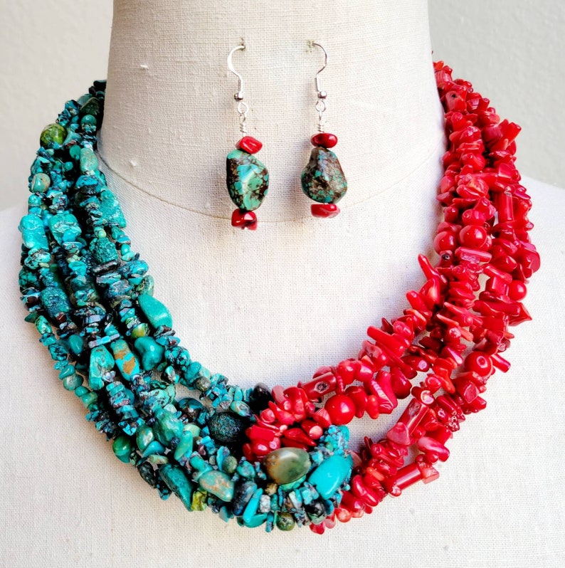 Turquoise And Red Coral Beaded Necklace And Earring Set Etsy