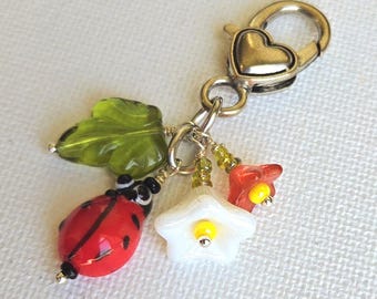 Ladybug Lampwork Beaded Purse Charm: Silver Wire Wrapped