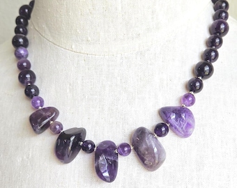 Amethyst Stone and Silver beaded Fan Style Strung Necklace, Stone Jewelry, Amethyst Chunky Stone Jewelry