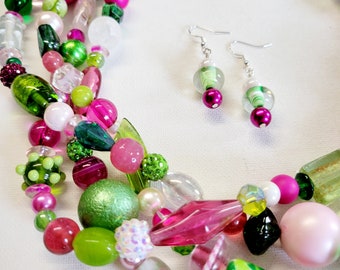 Pink and green multistrand statement beaded necklace and earring set, fuchia and green cluster necklace, pink and green cluster necklace
