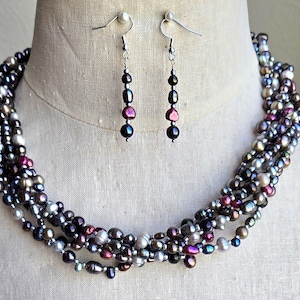 Peacock grey and wine baroque freshwater pearl multistrand statement beaded necklace and earring set, peacock pearl cluster necklace