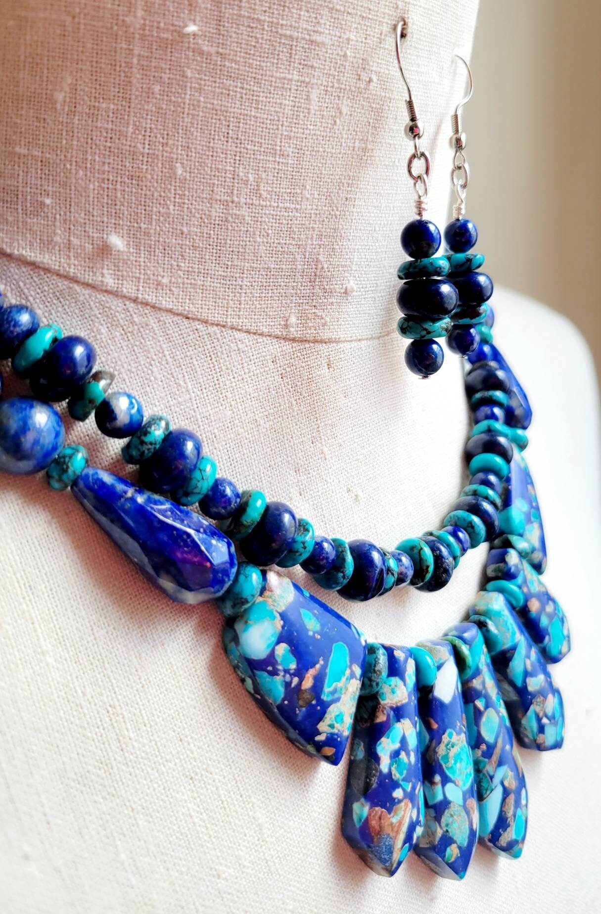 Lapis & Turquoise Beaded Bib Necklace and Earrings Set
