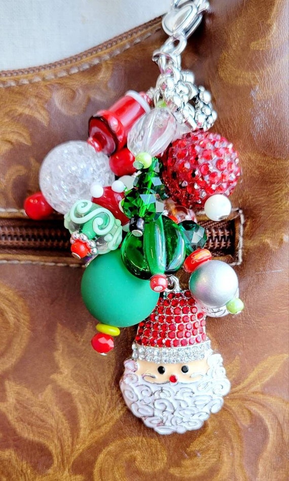 Christmas Santa Claus Beaded Purse Charm: Lampwork Glass Bag