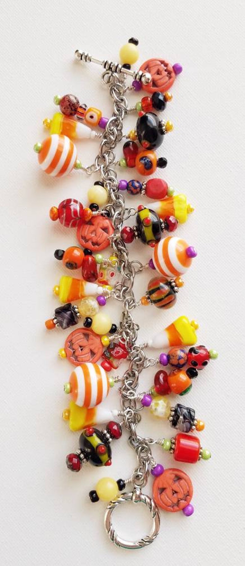 Halloween lamp work beads fall charm bracelet Cha Cha pumpkin Halloween beaded charm bracelet chunky pumpkin charm bracelet