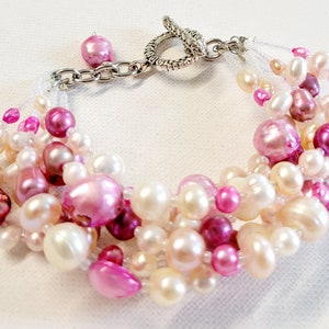 Pink Cream Freshwater Pearl Multi Strand Statement Bracelet