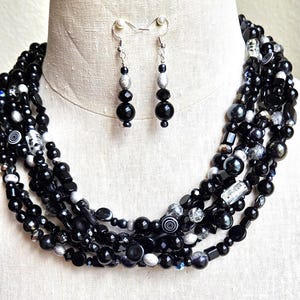 Black Czech Glass Beaded Necklace & Earring Set: Silver Accents