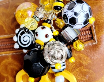 Bumblebee beaded purse charm, yellow and black purse charm, tote bag charm, key chain, cell phone charm, car mirror charm