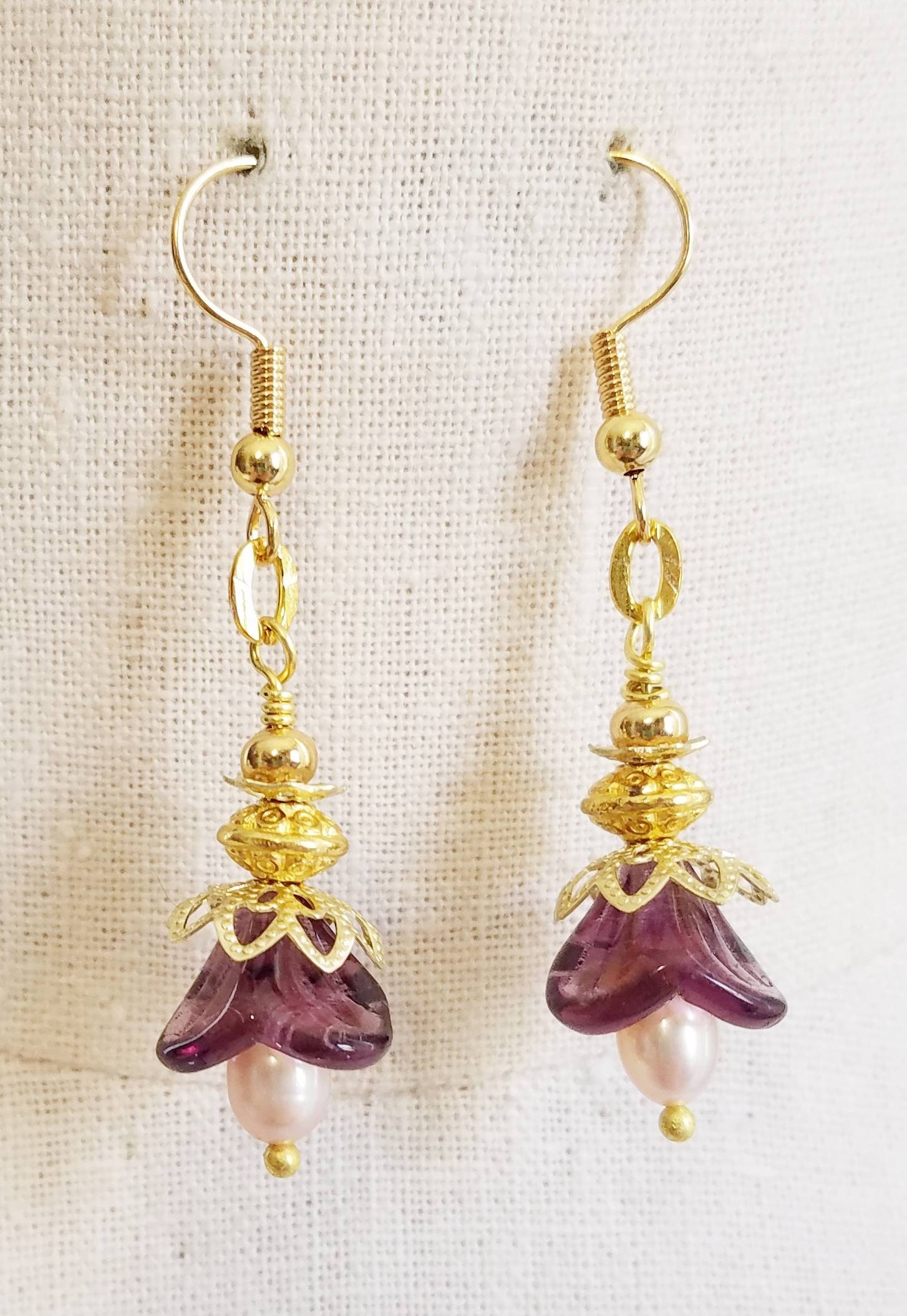 Deep purple bell flower earrings boho earrings gold flower | Etsy