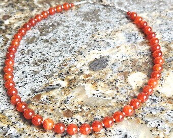 Orange Carnelian and Silver beaded minimalist strung necklace, Stone Jewelry, Layering Choker