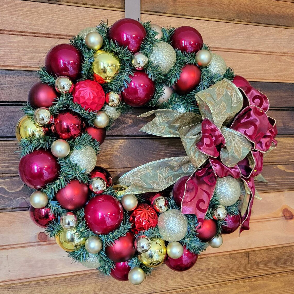 Burgandy Red and Gold Ornament Christmas Wreath Christmas Etsy