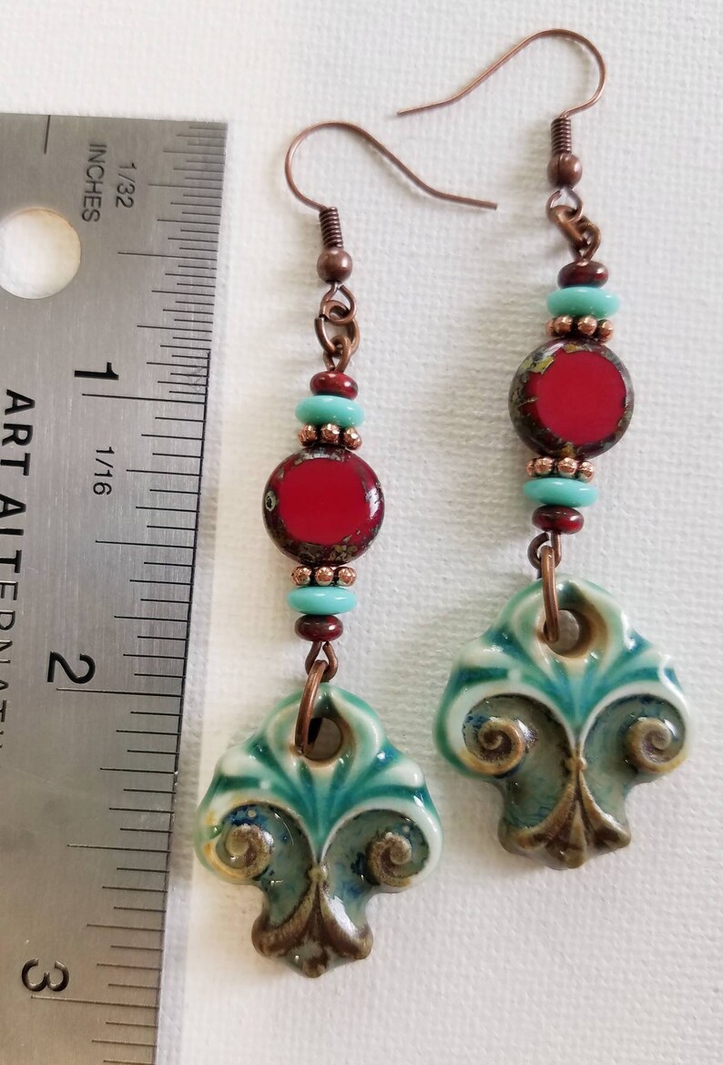 ceramic Turquoise and red glass and ceramic fleur de lis drop copper earrings boho earrings southwestern earrings bohemian earrings