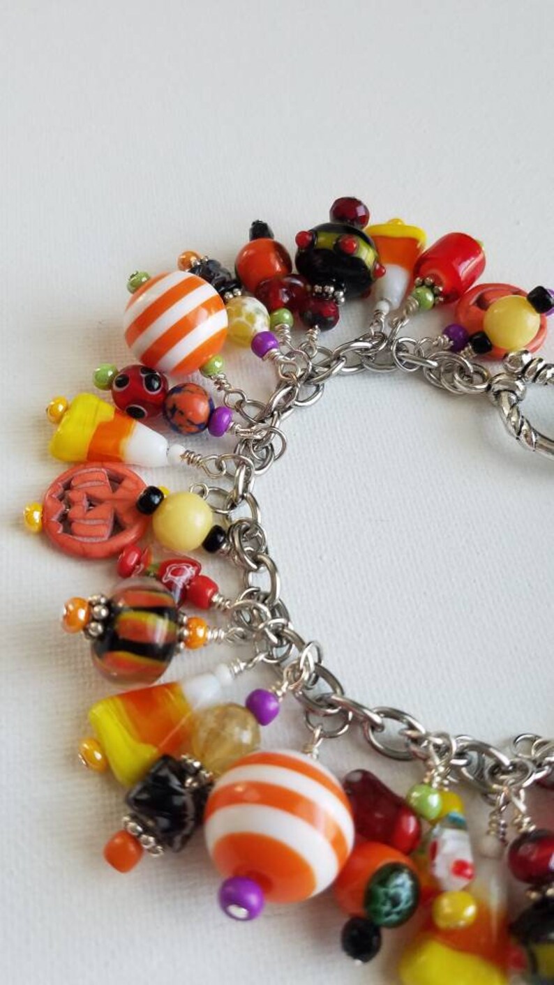 Halloween lamp work beads fall charm bracelet Cha Cha pumpkin Halloween beaded charm bracelet chunky pumpkin charm bracelet