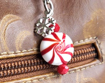 Peppermint Lampwork Bag Charm: Christmas Snowflake Charm